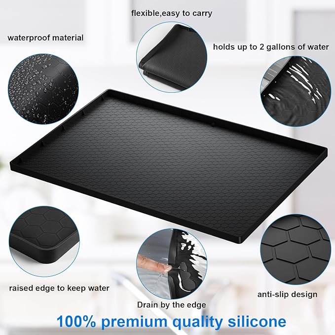 Under Sink Mat - 28" x 22" Waterproof Kitchen Cabinet Tray - Flexible Silicone Under Sink Liner - Kitchen Bathroom Cabinet Mat and Protector for Drips Leaks Spills (Black)