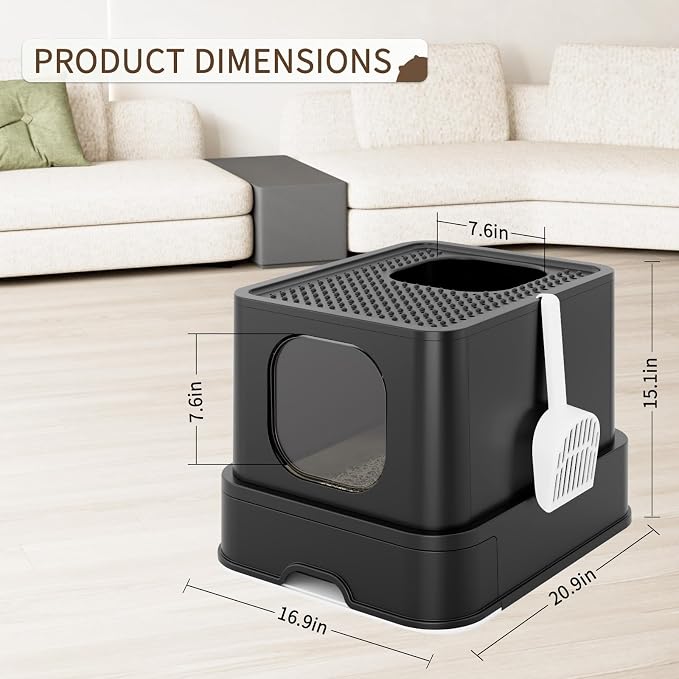 RIZZARI Stainless Steel Cat Box: All Black Covered Design with High Sides to Prevent Leaks - Easy-Clean Drawer & Non-Stick Coating for Odor Control - Dual Entry with Top Exit - Bathroom Garage