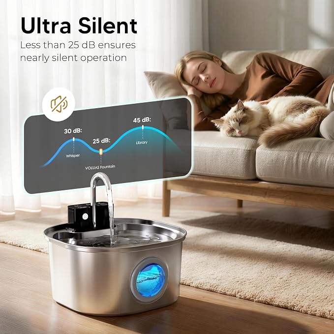 Voluas Stainless Steel Cat Water Fountain: 108oz/3.2L Wireless Cat Fountain Battery Operated for Drinking Indoor, Automatic Pet Water Dispenser Bowl with Ultra Quiet Pump, Easy Clean BPA-Free, 4Filter