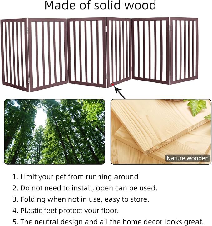 Dog Gate Indoor, Freestanding Dog Fence for The House, Doorways, Hallways,or Stairs,Pet Gate Foldable Wooden,Expandable 32" Height 6 Panels,Brown