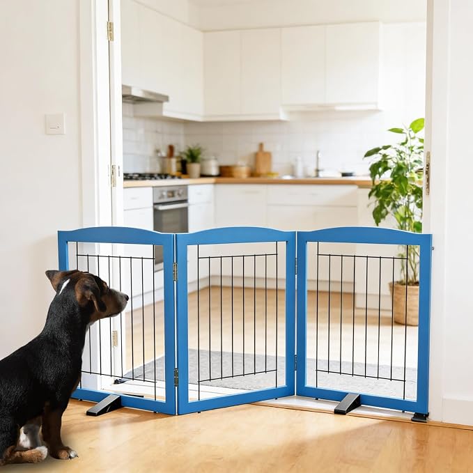 ZJSF Freestanding Dog Fence Indoor, Foldable Dog Gate for Doorways, Stairs or Hallways, Sturdy Wood Extra Wide Pet Gate with Support Feet for The House, Blue, 24 "Height-3 Panels
