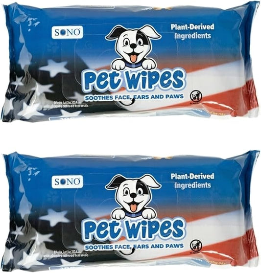 SONO Dog & Cat Grooming Wipes, Propylene Glycol Free, Lick Safe, Preservative Free, Unscented Pet Wipes for Paws Butt Face & Body, Made in USA, Organic Aloe & Chamomile, 7x8 Inch, 200 Count, 2 Pack