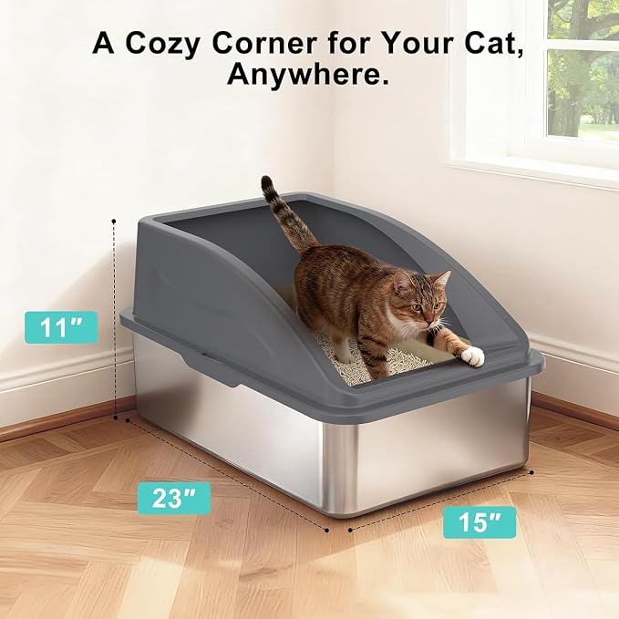 2 Pack Stainless Steel Litter Box | XL Enclosed Cat Litter Boxes with Lid for Big Cats and Multi-Cats | High Sided, Anti-Urine Leakage | Non-Stick Bottom（Dark Gray）