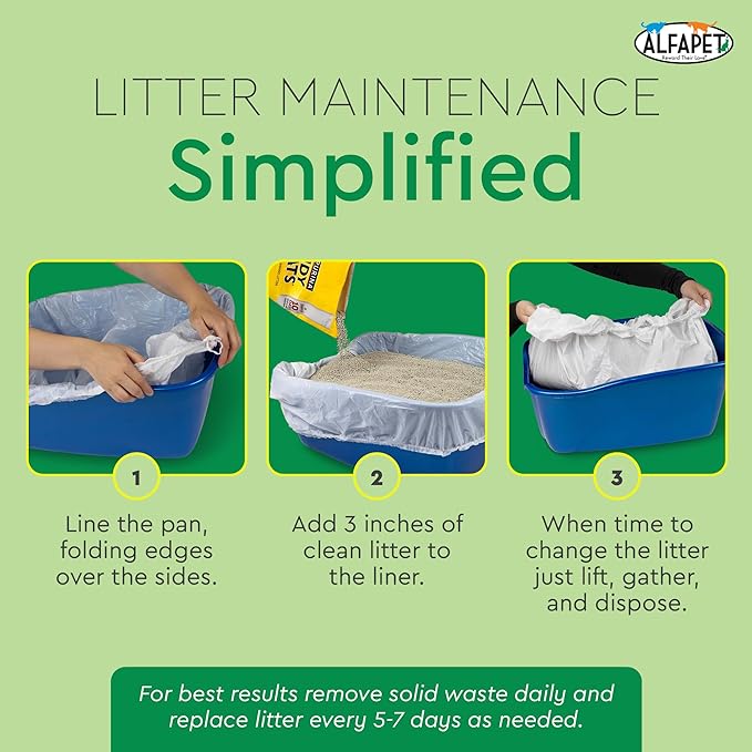 Alfapet Elastic Cat Litter Box Liners - Super Jumbo 5 Count - Tear-Resistant Cat Litter Bags, Waterproof Kitty Litter Liners - Fits Litterbox Pan Sizes X-Giant, Jumbo, 42" x 20" x 2 MIL 30 lb Capacity