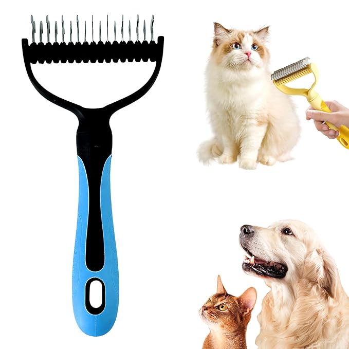 Double-Sided Pet Grooming Brush, 2026 Upgraded Undercoat Rake for Long Haired Pets, Multi-Functional Dematting Comb for Home Grooming, Pet Hair Removal Brush for Pets Owners (1, Blue)
