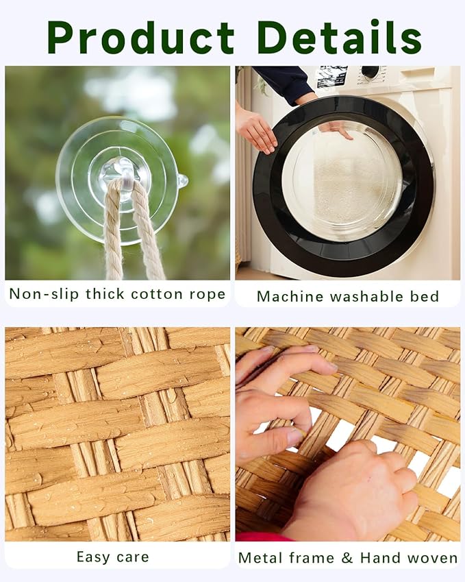 SETVSON Cat Window Perch Cat Window Hammock Bed for Indoor Cats, Large Handwoven PE Rattan Window Seat, 4 Suction Cups, Double Sided Washable Cushion Bed, 2.3 Inch Fence Shelf, for Pet Kittens Natural