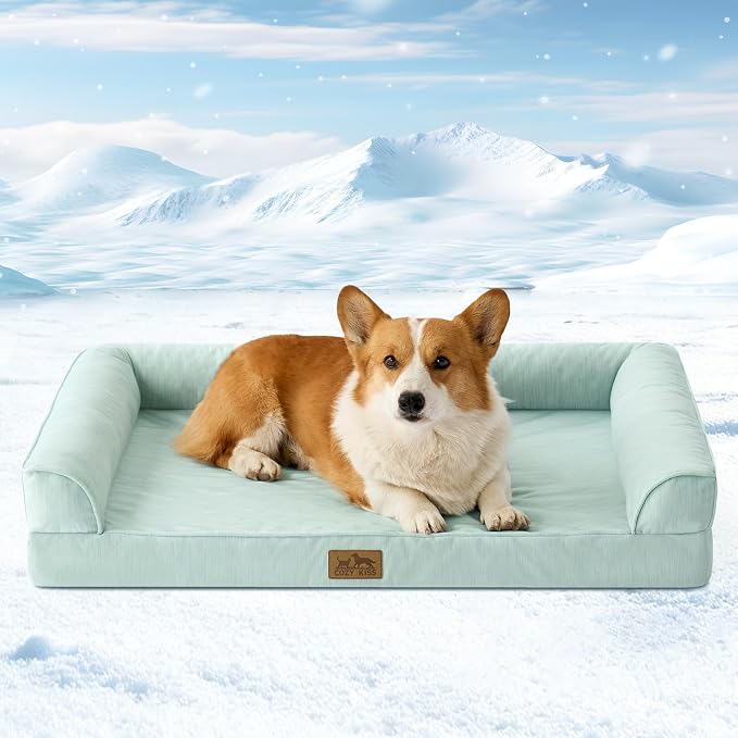 COZY KISS Cooling Dog Bed for Medium Dogs, 36"x27" Orthopedic Foam Sofa with Bolster Sides, Q-Max >0.4 Cooling Technology, Cool Pet Bed with Removable Washable Cover, Green