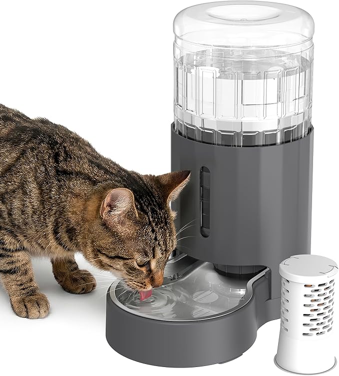 JUNSPOW Cat Water Dispenser with Filter and Stainless Steel Bowl, Automatic Gravity Water Dispenser for Cats or Small Medium Size Dogs, Large Capacity, Easy to Clean and Safe for Pets (4L Grey)