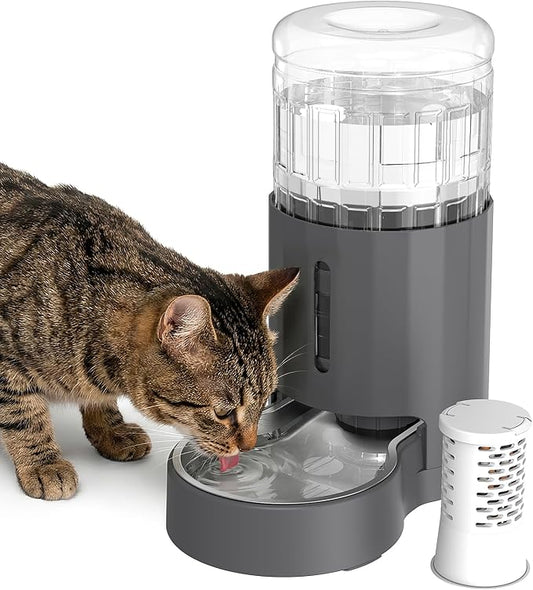 JUNSPOW Cat Water Dispenser with Filter and Stainless Steel Bowl, Automatic Gravity Water Dispenser for Cats or Small Medium Size Dogs, Large Capacity, Easy to Clean and Safe for Pets (4L Grey)
