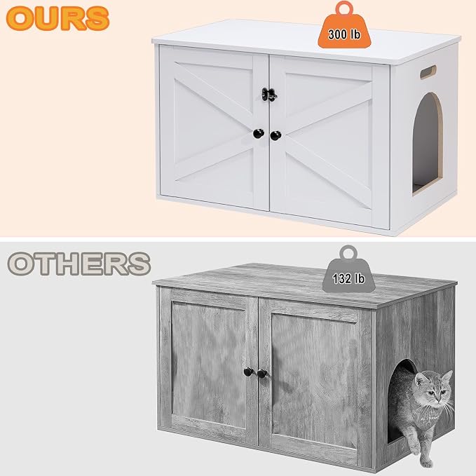 Timberer Cat Litter Box Enclosure, Litter Box Furniture Hidden with Removable Divider, Wooden Cat Washroom Furniture, Indoor Cat House, White