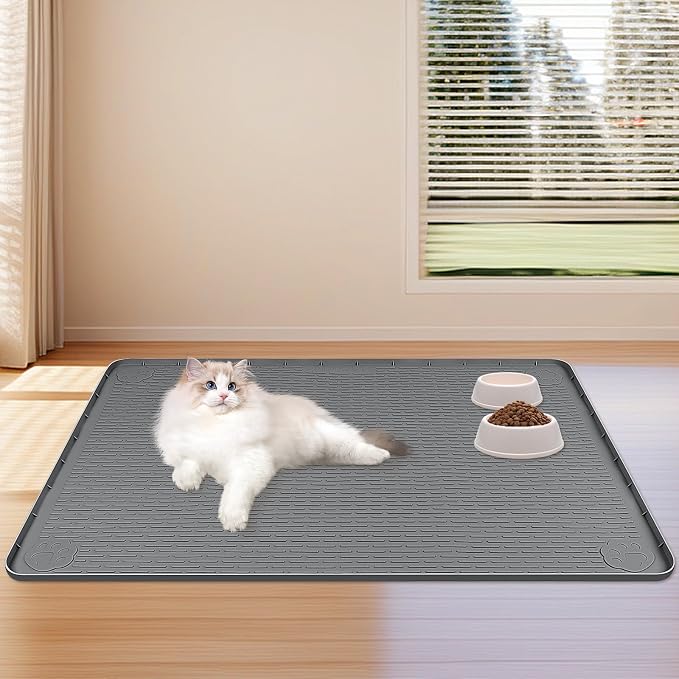 Dog Food Mat, Extra Large 40" x 40" Silicone Pet Feeding Mat with Raised Edge Pet Placemat for Small, Medium, and Large Pets Non-Slip, Easy to Clean (Dark Grey)