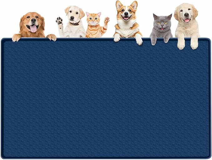 Dog Food Mat, Extra Large 51" x 25.6" Silicone Pet Feeding Mat with Raised Edge Pet Placemat for Small, Medium, and Large Pets Non-Slip, Easy to Clean (Navy Blue)