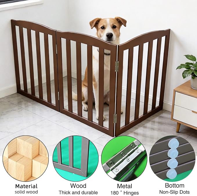 Freestanding Dog Gate Indoor,Doggie Gate Foldable Pet Gates for Doorways,Stairs or Hallways, Wooden Brown Pet Gate for the House, Pet Fence,24 "Height-3 Panels