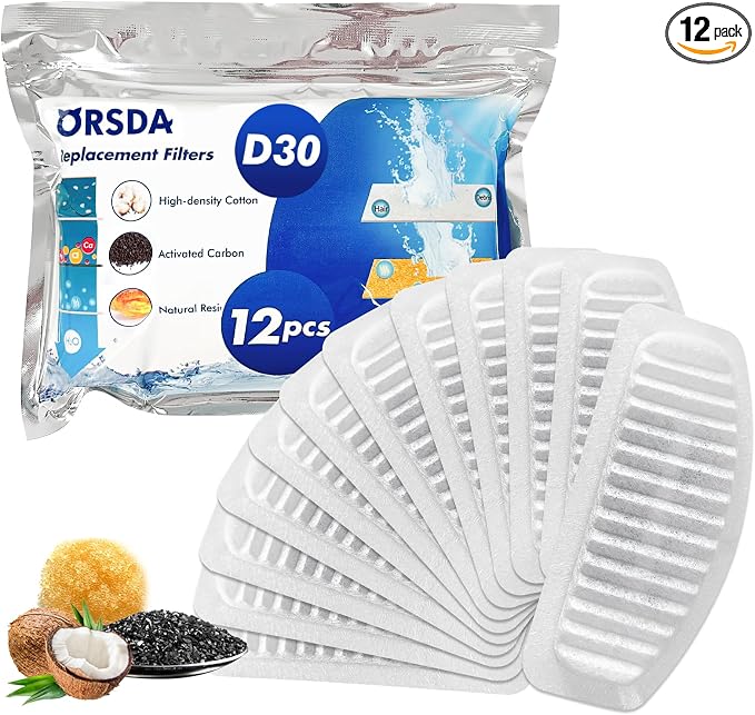 ORSDA Cat Water Fountain Filters, Replacement Carbon, Resin Filter ONLY for D30 67oz/2L Automatic Cat Fountain Dog Water Dispenser, 4 Filtration System (12PCS Filters）