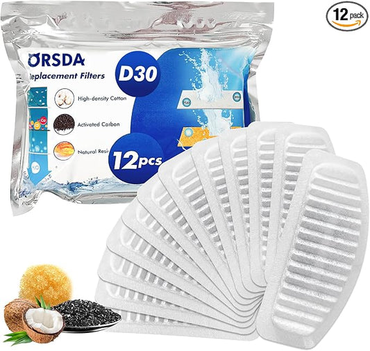 ORSDA Cat Water Fountain Filters, Replacement Carbon, Resin Filter ONLY for D30 67oz/2L Automatic Cat Fountain Dog Water Dispenser, 4 Filtration System (12PCS Filters）