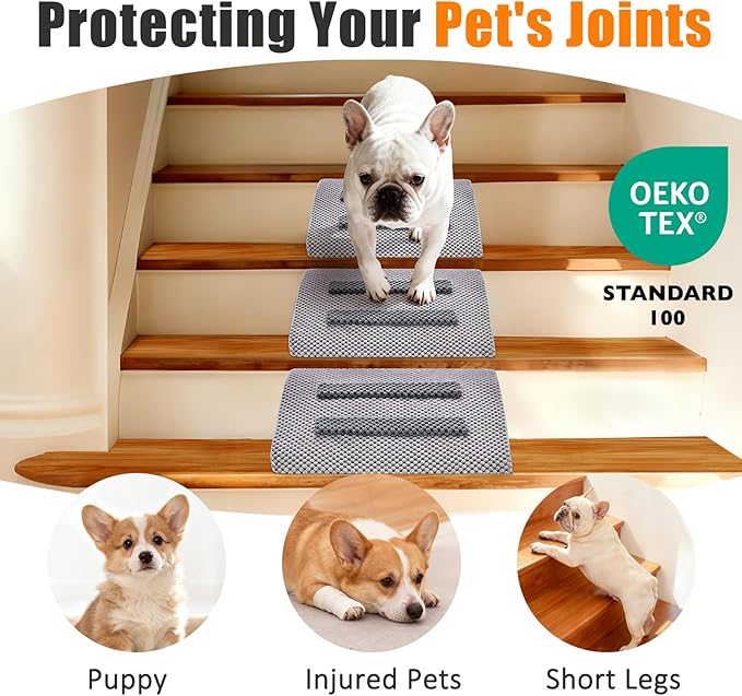 Dog Ramp for Stairs with Anti-Slip Bump for Small & Senior Dogs and Cats – Stair Wedges for Dogs with Gentle Slope, Pet Ramp with Washable Cover & Self-Sticky Pads for Safe Climbing (Gray, 6 Pack)