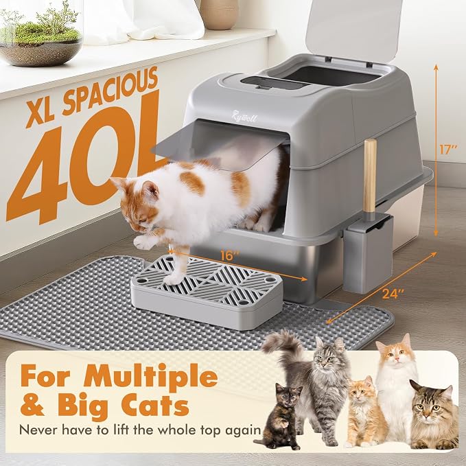 Rywell Stainless Steel Cat Litter Box with 180° Flip-Top Lid – Extra Large 40L Metal Kitty Pan, 3-in-1 Modes, High-Sided Odor Control & Anti-Splash Design for Large Cats & Multi-Cat Households