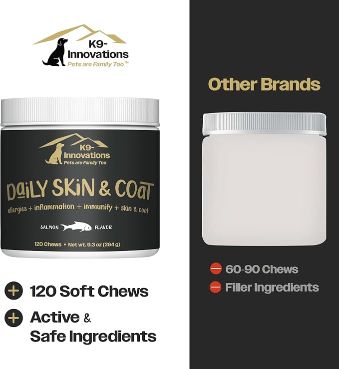K9-Innovations - Daily Skin & Coat Dog Chews Salmon Flavor - Reduce Itching & Paw Chewing, Omega 3 & VIT C for Skin Health - 1-4 Month Supply (120qty)
