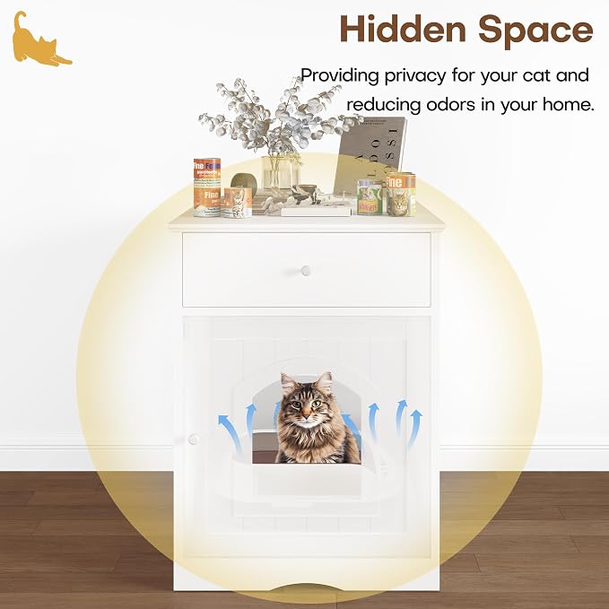 Litter Box Enclosure, Hidden Cat Litter Box Cabinet with Drawer, Wooden Pet Crate, Litter Box Furniture as Cat House, End Table, Fit Most of Litter Box (White)