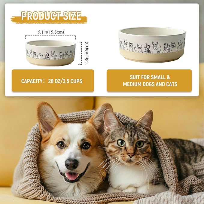 Ceramic Cat Bowls，6.1inch Raised Cat Bowls with Cute Pattern for Small and Medium Breed Dogs,2 Pack Cats Food and Water Bowl Set,Weighted Pet Dishes Dishwasher Safe