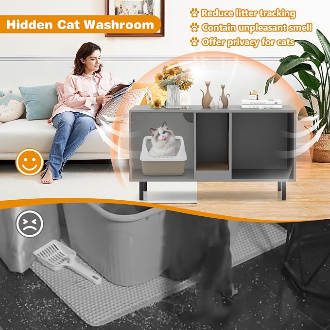 PETSITE Cat Little Box Enclosure, Litter Box Furniture with Removable Scratcher, Metal Legs, Cat Box Enclosure End Side Table, Hidden Litter Box Furniture, 40 x 21 x 22 inches (Grey)