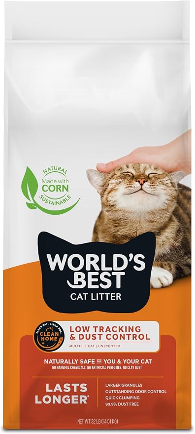 WORLD'S BEST CAT LITTER Low Tracking & Dust Control Multiple Cat Unscented 32-Pounds - Natural Ingredients, Quick Clumping, Flushable & Made in USA - Long-Lasting Odor Control & Easy Scooping