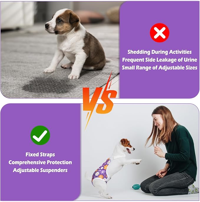 Jollywoods 3 Pack Washable Female Dog Diaper Onesie Sanitary Pantie with Adjustable Suspender, Reusable Fixed Doggie Diapers, Super Absorbent Leakproof for Small Toy Dog in Heat Cycle XS/S