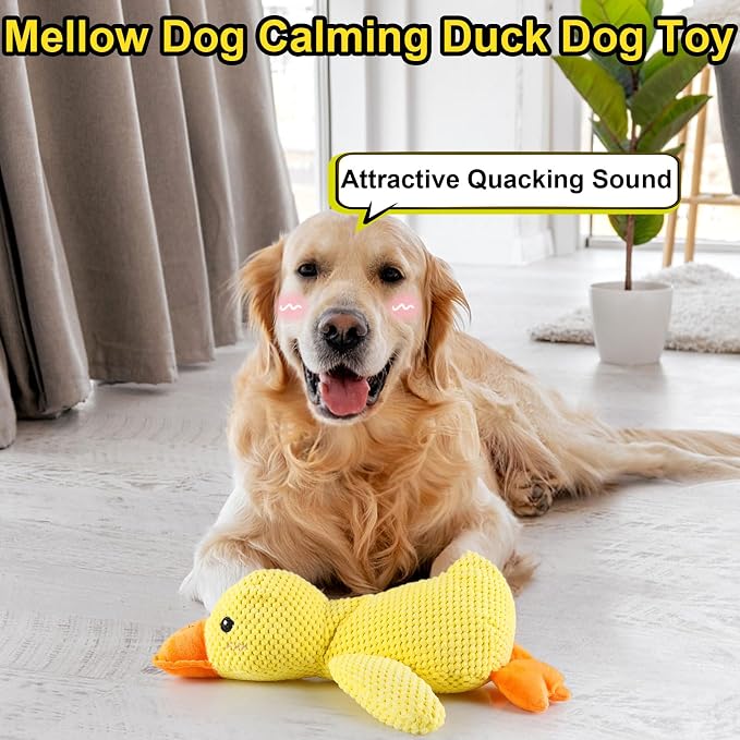 The Mellow Dog Calming Duck Pillow Toy, Squeaky Quacking Sound Duck Plush Chew Toy, Soft Comfort Calming Stuffed Duck Anxiety Toy for Indoor Small Medium Dogs, Yellow