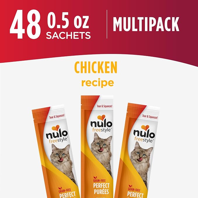 Nulo FreeStyle Lickable Cat Treats - Perfect Purées Chicken Recipe, Squeezable Grain-Free Wet Cat Food Topper, High Moisture for Hydration, 0.5oz Tubes (pack of 48)