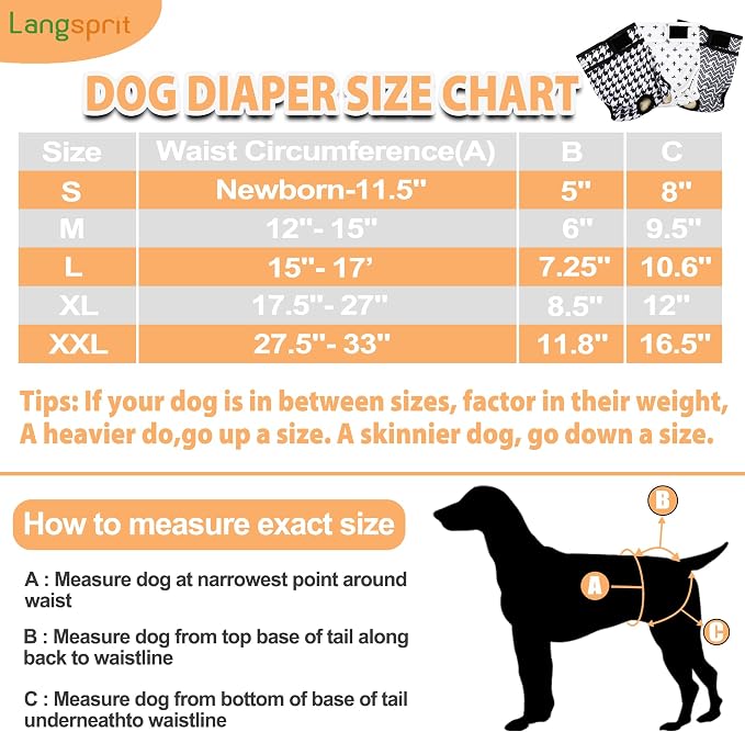 Langsprit Washable Female Dog Diapers (3 Pack) - No Leak Reusable Diapers for Doggy Female in Period - Dog Heat Panties with Adjustable Snaps L
