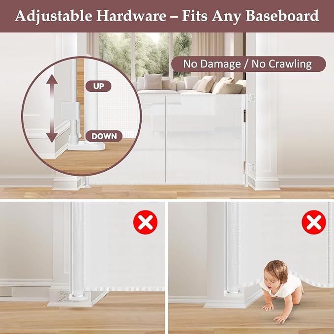 Reinforced 41 Inch Extra Tall Pet Gate 55 Inch Wide Retractable Baby Gates with Support Rods – Prevents Crawling Under, Outdoor Tall Baby Gates for Dogs Indoor Dog Gates for Doorways, White