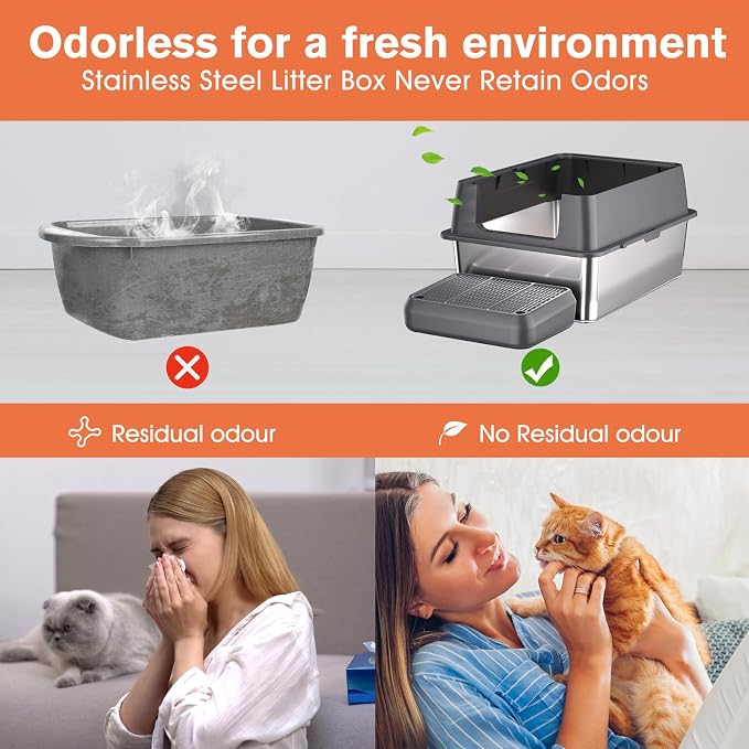 XXL Stainless Steel Litter Box with Lid, 28" Lx20 W Extra Large Cat Litter Boxes for Big Cats, Jumbo Metal Litter Box with Footboard & Scoop,Anti-Leakage,Non-Sticky,Odorless,Easy to Clean