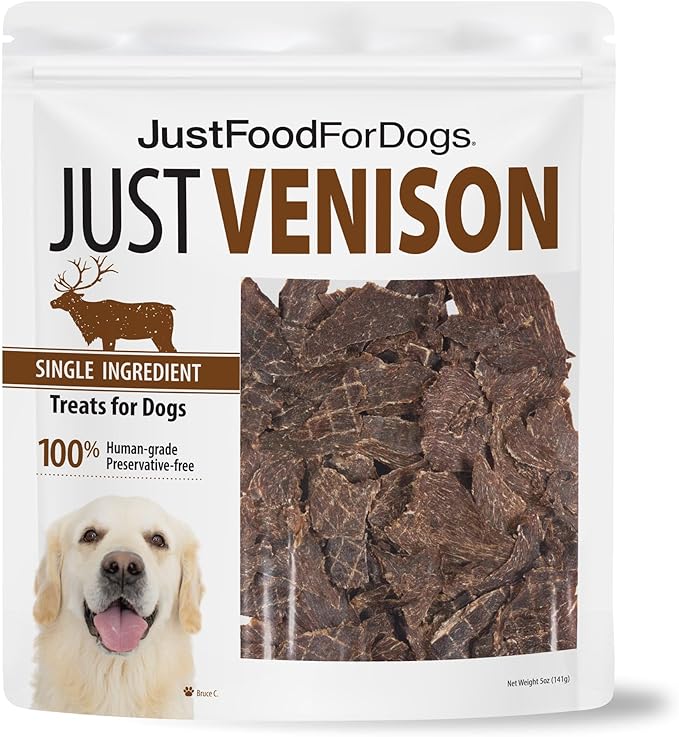 JustFoodForDogs Limited Ingredient Healthy Dog Treats and Dog Snacks, Jerky Treats, Human Grade, Preservative Free, Rawhide Free Chews, Low Calorie Treat - Venison Bark, 5 oz