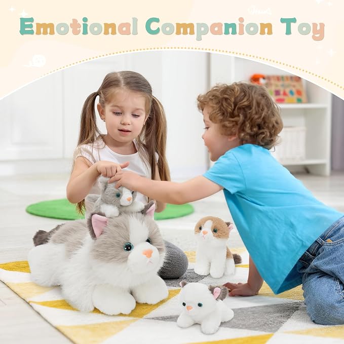 Tezituor Ragdoll Cat Stuffed Animals with Babies, 20 inch Large Realistic Stuffed Cat with 4 Cute Kittens, Soft White Ragdoll Cat Plush Pillow for Boys Girls