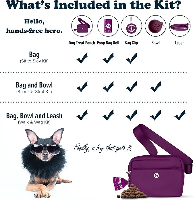 Puppington 3-in-1 Crossbody & Dog Treat Pouch for Pet Training - Matching Compostable Poop Bags, Built-In Poop Bag Dispenser & Slow-Feeding Travel Dog Bowl - Dog Walking Bag (Plum Wine)