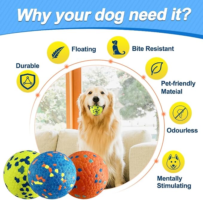 Mankoda Durable Dog Balls for Aggressive Chewers, 3'' ETPU Indestructible Rubber Floating Fetch Toys, Interactive Teething Chew Balls for Small Medium Large Dogs (3 Pack)