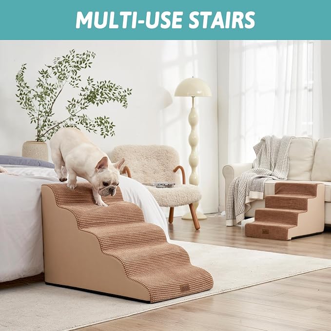 COZY KISS Extra Wide Dog Stairs 19.7" Width, Pet Step for Small/Medium/Large Dog, Puppy or Cat, Pet Ramp for High Bed or Car, High Density Foam Ladder, 19.7x33x22.4 in, Stable, 5 Step, Light Brown