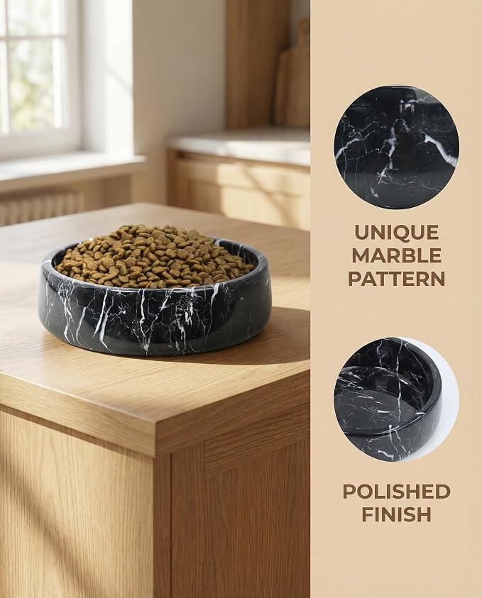 OOBOOB Natural Marble Dog Bowl, 7.4x7.4x2.5 Inch Heavy Non-Slip Pet Food & Water Bowl for Large Medium Small Dogs and Cats, Stylish Modern Marble Design for Feeding Station & Home Decor