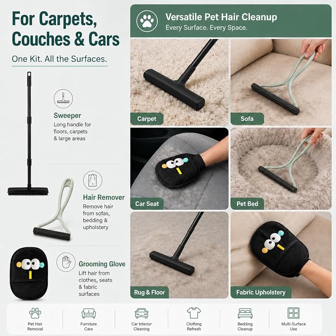 GOOGO Pet Hair Removal Tool Kit, 3 in 1 Carpet Rake Set with Black Long Handle Brush, Mint Green Scraper and Scalable Pet Broom Glove for Carpets, Couches and Cars