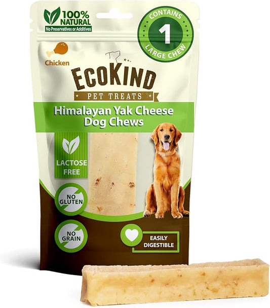 EcoKind Yak Cheese Himalayan Dog Chews, Yak Chews for Large Dogs, Long Lasting Bone for Aggressive Chewers, Only 4 Ingredients, Natural High Protein Dog Treats, No Additives, Chicken, Large - 1 Chew