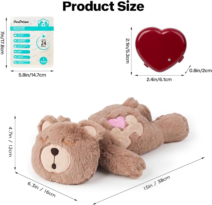 Pet Prime Heartbeat Dog Toy for Puppy Anxiety with Rechargeable Heartbeat - Smart Timer and Adjustable Speed Features to Soothe Puppies,Include 1PC Disposable Heat Pack for Extra Comfort (Bear)