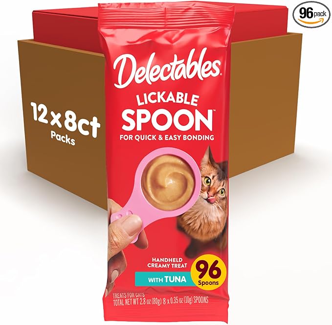 Delectables Lickable Spoon Handheld Wet Cat Treats Made with Real Tuna, Quick & Easy Creamy Puree, Mess Free, Grain-Free, No Added Fillers, No By-Products, No Added Preservatives, Tuna 96ct