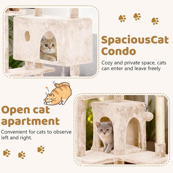 BestOffice 54 Inch Cat Tree, Multi-Level Cat Tower with Condo, Perches, Sisal Scratching Posts, Climbing Ladder,Indoor Activity Center Play House for Kittens & Adult Cats, Beige