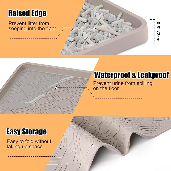 Silicone Cat Litter Mat, 42" x 29" Extra Large Litter Trapping Mat for Litter Box, Leak-Proof, Non-Slip, Kitty Litter Mats with Soft Texture for Floor, Keeping The Floor Clean (Khaki)