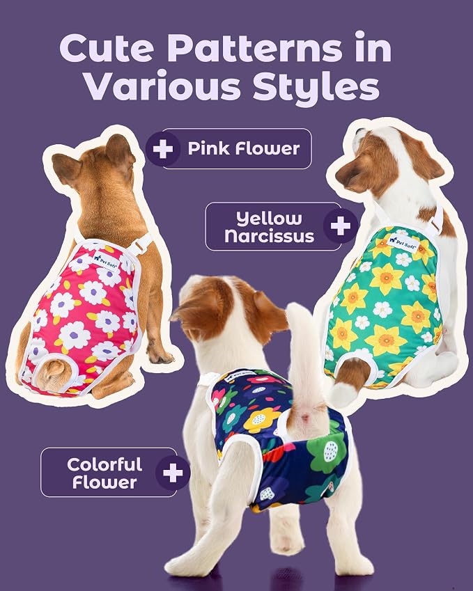 Pet Soft Dog Diapers Female Onesie Sanitary Pantie with Adjustable Suspender, Colorful Pattern Washable Puppy Diapers Female, Super Absorbent Underwear Dog Diaper for Heat (Floral, Mini-Small)