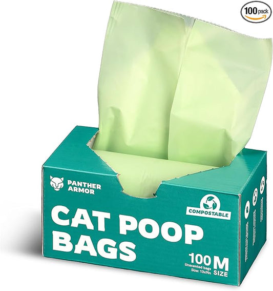 Panther Armor Compostable Cat Litter Bags for Poop - 100x Unscented Pet Waste, 13x9in Leak Proof Kitty Litter Disposal - Odor Proof, Easy Open Dispenser Box of Cat Poop