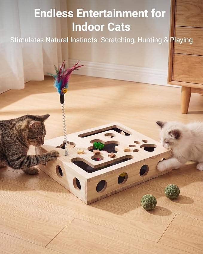 Cat Toys for Indoor Cats - Cat Nail File Box with Interactive Cat Toys, 2026 Upgraded Cat Puzzle Feeder Scratch Puzzle Toy for Indoor Cats, Natural Claw Care (Natural Wood)