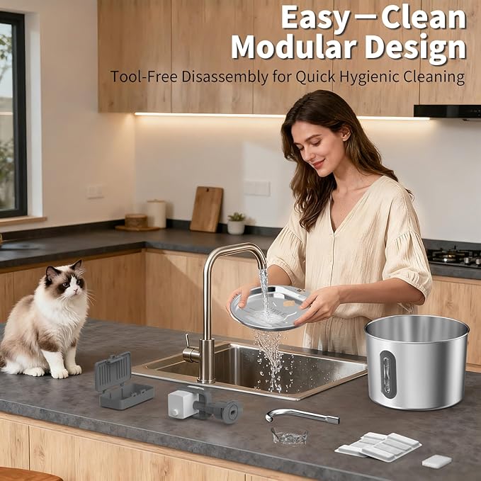 Stainless Steel Cat Fountain - 2.2L/74oz Ultra-Quiet Drinking Automatic Pet Water Fountain with Replacement Filters Cat Water Fountain with LED Window for Cats and Small Dogs