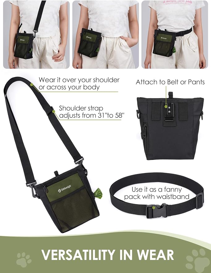 Gobeigo Dog Treat Pouch, Magnetic Closure & Sealable Silicone Bag Insert, 4-Cup Capacity – Belt Clip/Waist Belt/Crossbody Wear, Clicker Included – Great for Pet Training & Walking (Army Green)