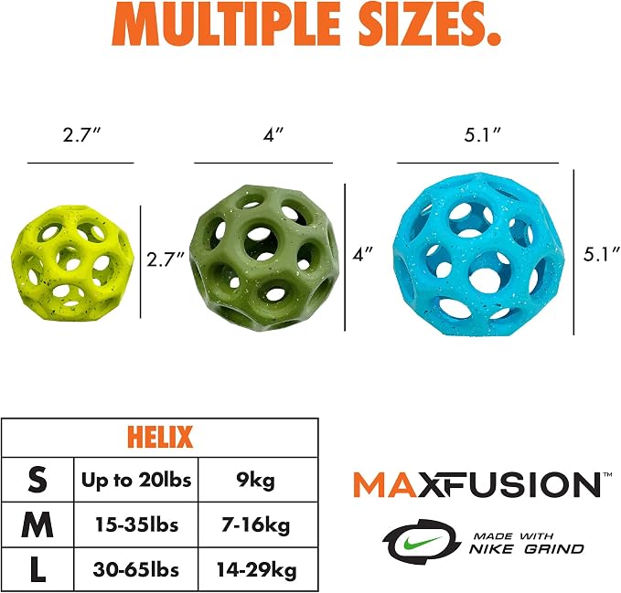 Max Fusion Made with Nike Grind, Arlee Helix Dog Toy, Ball Toys for for Small Dogs, Durable & Natural Rubber Chew Toy for Play, Fetch & Chewing, Yellow, Small, 1 Count